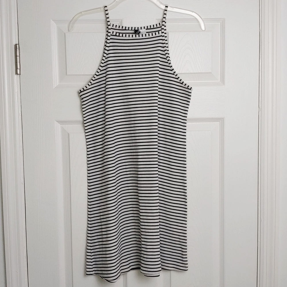 Divided high square neck dress black/white stripes